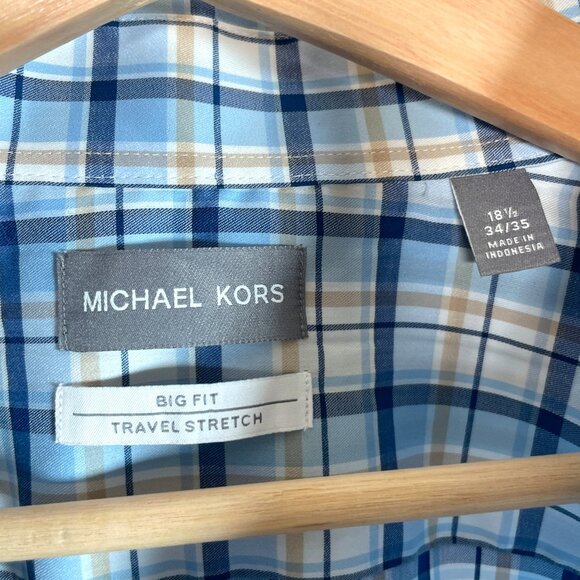 Michael Kors Button Down Men's 18.5 34/35 Big Fit Travel Stretch Blue Plaid - Picture 4 of 8